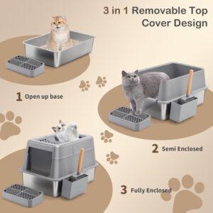 Alternative view of Stainless Steel Cat Litter Box with 110° Flip-Top Lid, XXL Large Enclosed Metal Litter Box for Big Cats with Scoop & Pedal, Removable Lid -Odor Control, Non-Stick Surface, Front Entry Top Exit (Grey)