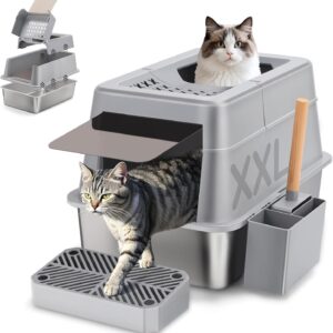 Stainless Steel Cat Litter Box with 110° Flip-Top Lid, XXL Large Enclosed Metal Litter Box for Big Cats with Scoop & Pedal, Removable Lid -Odor Control, Non-Stick Surface, Front Entry Top Exit (Grey)