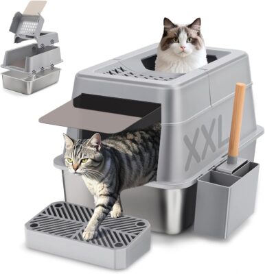 Stainless Steel Cat Litter Box with 110° Flip-Top Lid, XXL Large Enclosed Metal Litter Box for Big Cats with Scoop & Pedal, Removable Lid -Odor Control, Non-Stick Surface, Front Entry Top Exit (Grey)