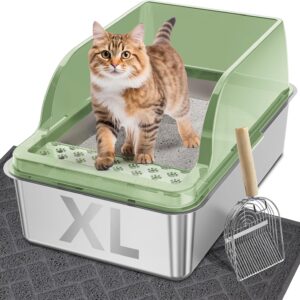 UPSKY Stainless Steel Cat Litter Box with Lid, XL Large Metal Litter Box for Large Breeds, Enclosed Kitty Litter Pan with High Sides, Leak-Proof & Non-Stick, Easy to Clean, Scoop and Mat Included